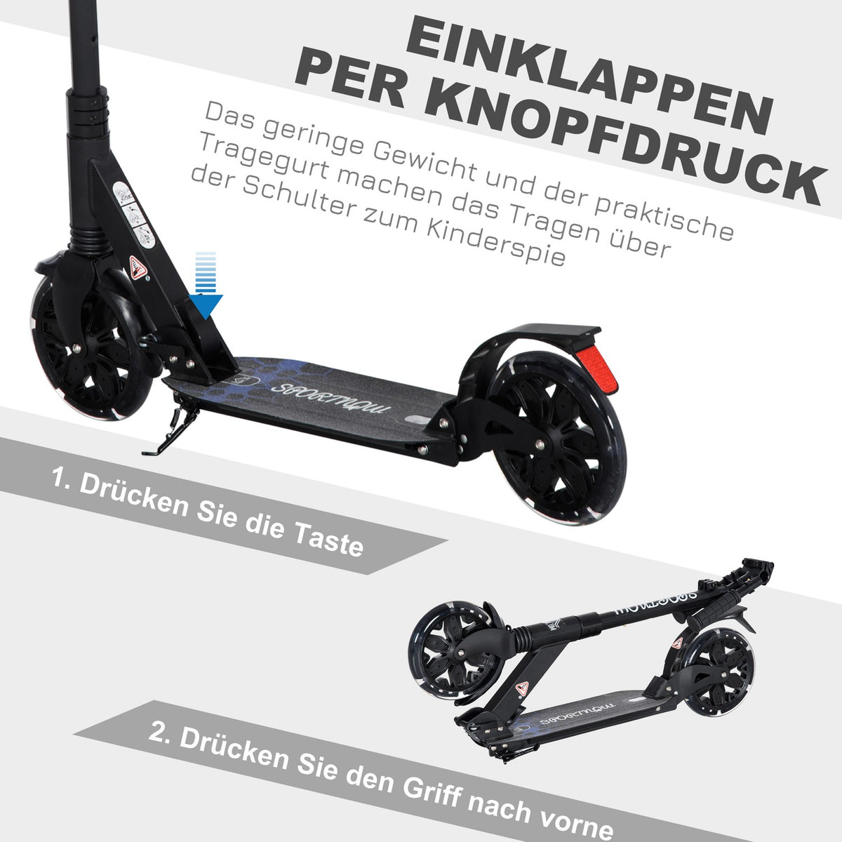 Roller Scooter Kick Scooter 83-102 Cm Height Adjustable From 14 Years Innovative Folding Design With Shock Absorber System, Foot Brake And Carrying Strap