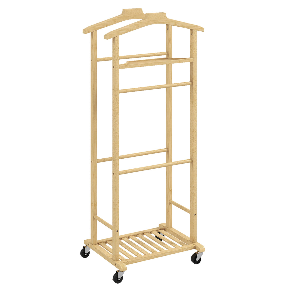 Rolling Bamboo Garment Rack, Double Rail, Shoe Shelf, Tray