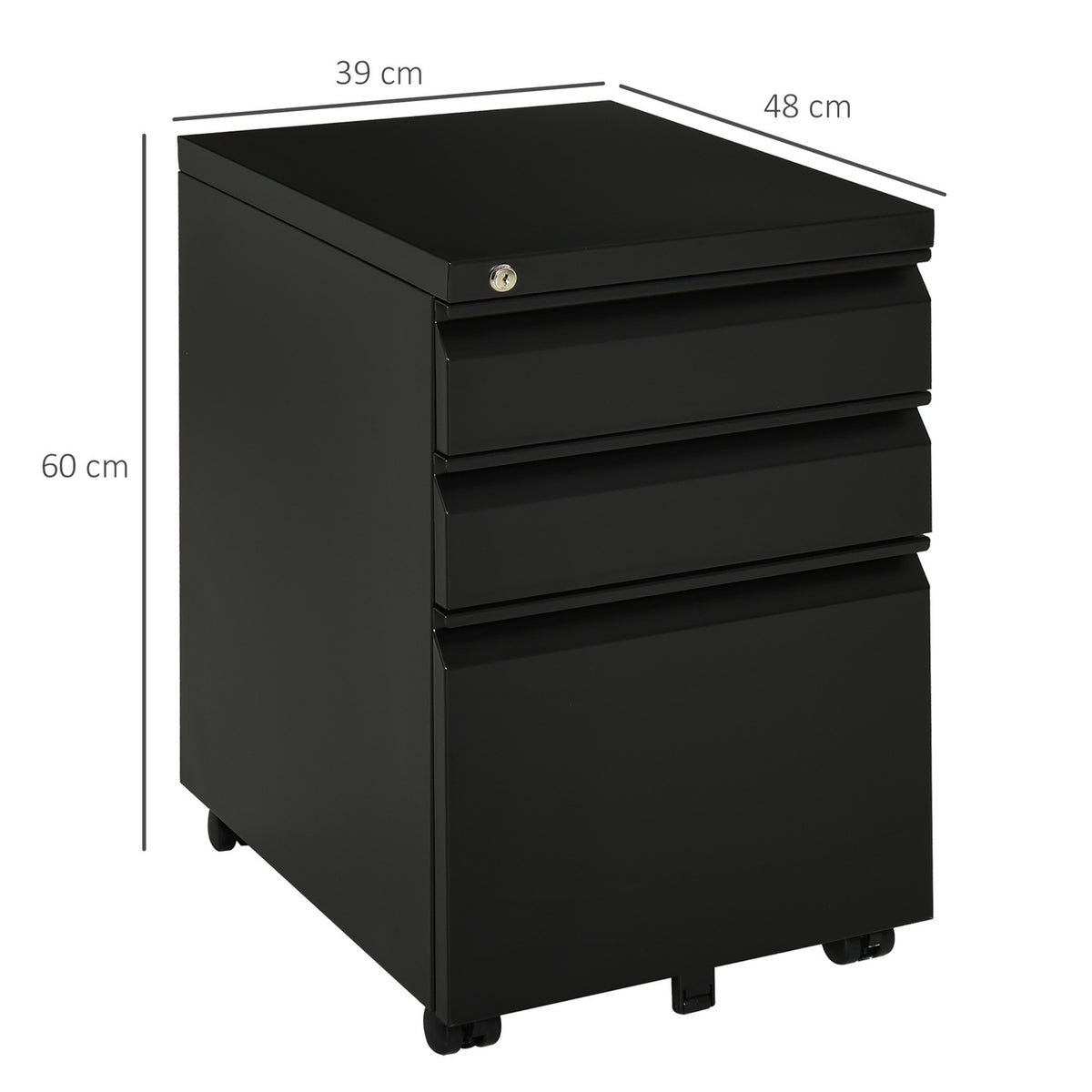 Rolling Cabinet With 3 Drawers, Office Cabinet With Wheels, Concave Handle, Steel, Black