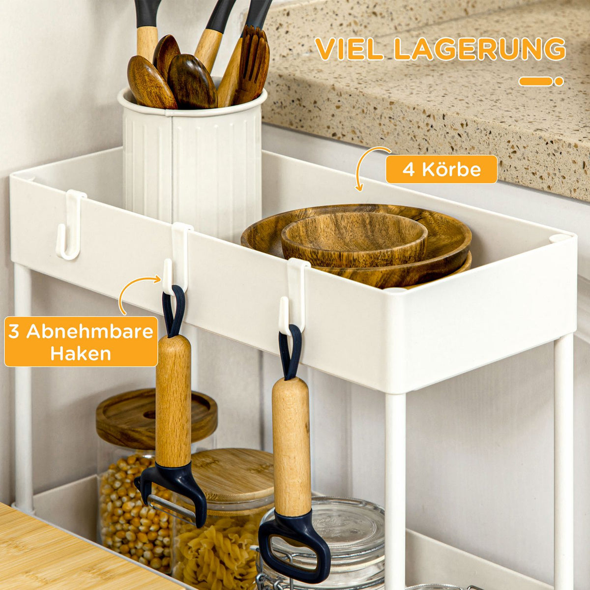 Rolling Cart Kitchen Shelf With 4 Tiers, Storage Rack With Wheels & Brakes, White