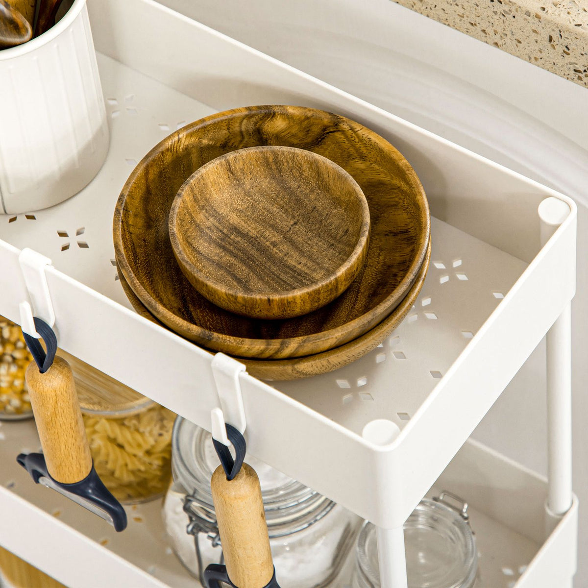 Rolling Cart Kitchen Shelf With 4 Tiers, Storage Rack With Wheels & Brakes, White