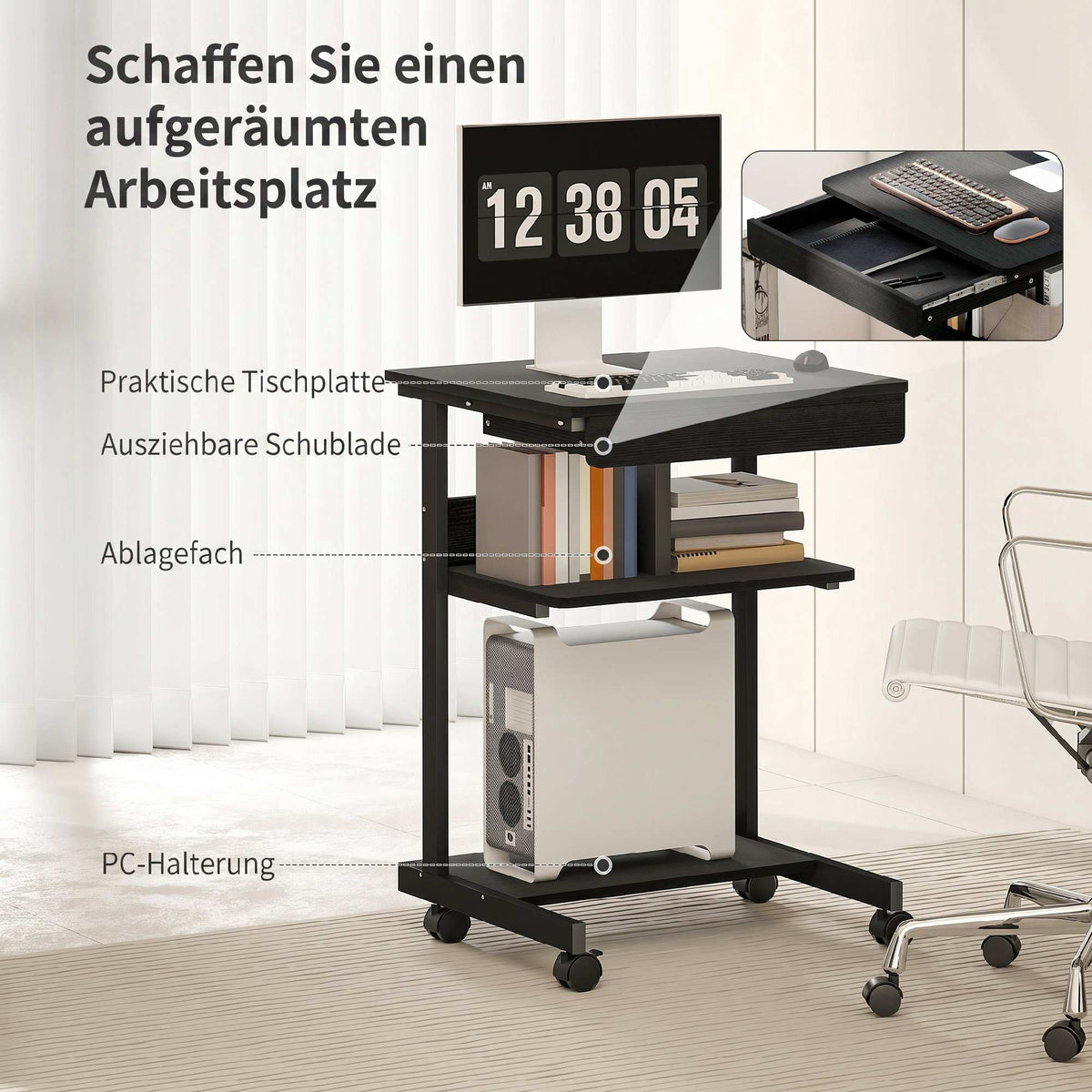 Rolling Computer Desk with Drawer, Shelves and Locking Casters