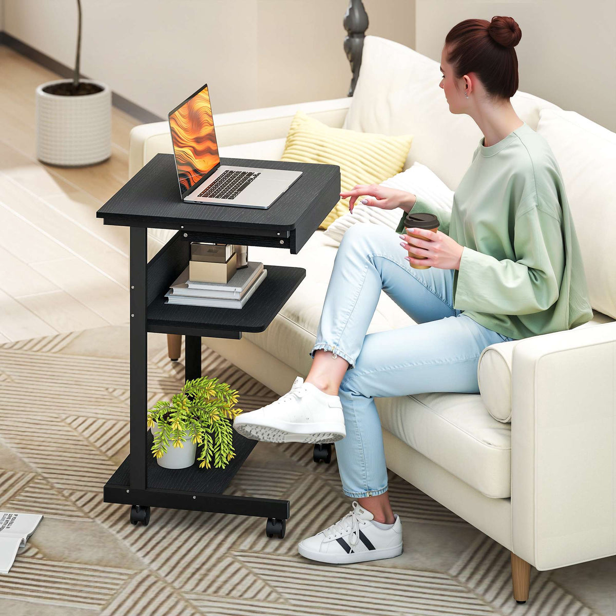 Rolling Computer Desk with Drawer, Shelves and Locking Casters