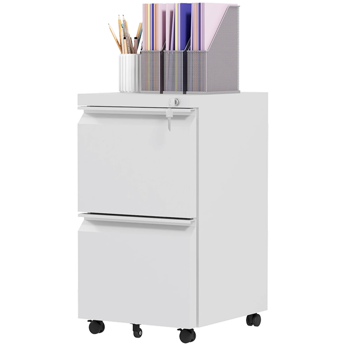 Rolling Container Filing Cabinet 2 Drawers Office Container Lockable Standing Container Office Cabinet A4 Format Steel White 37X43.5X67.5Cm