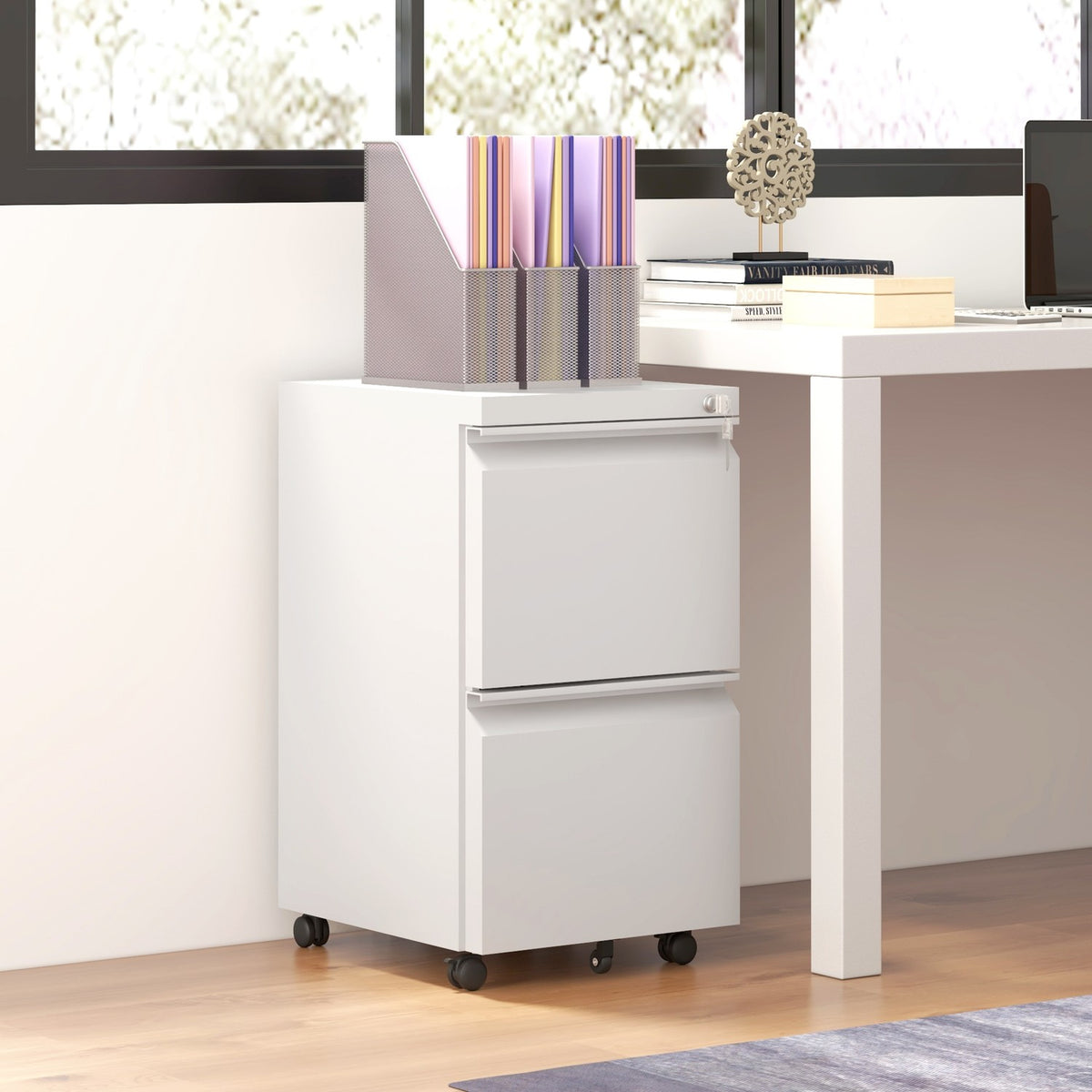 Rolling Container Filing Cabinet 2 Drawers Office Container Lockable Standing Container Office Cabinet A4 Format Steel White 37X43.5X67.5Cm