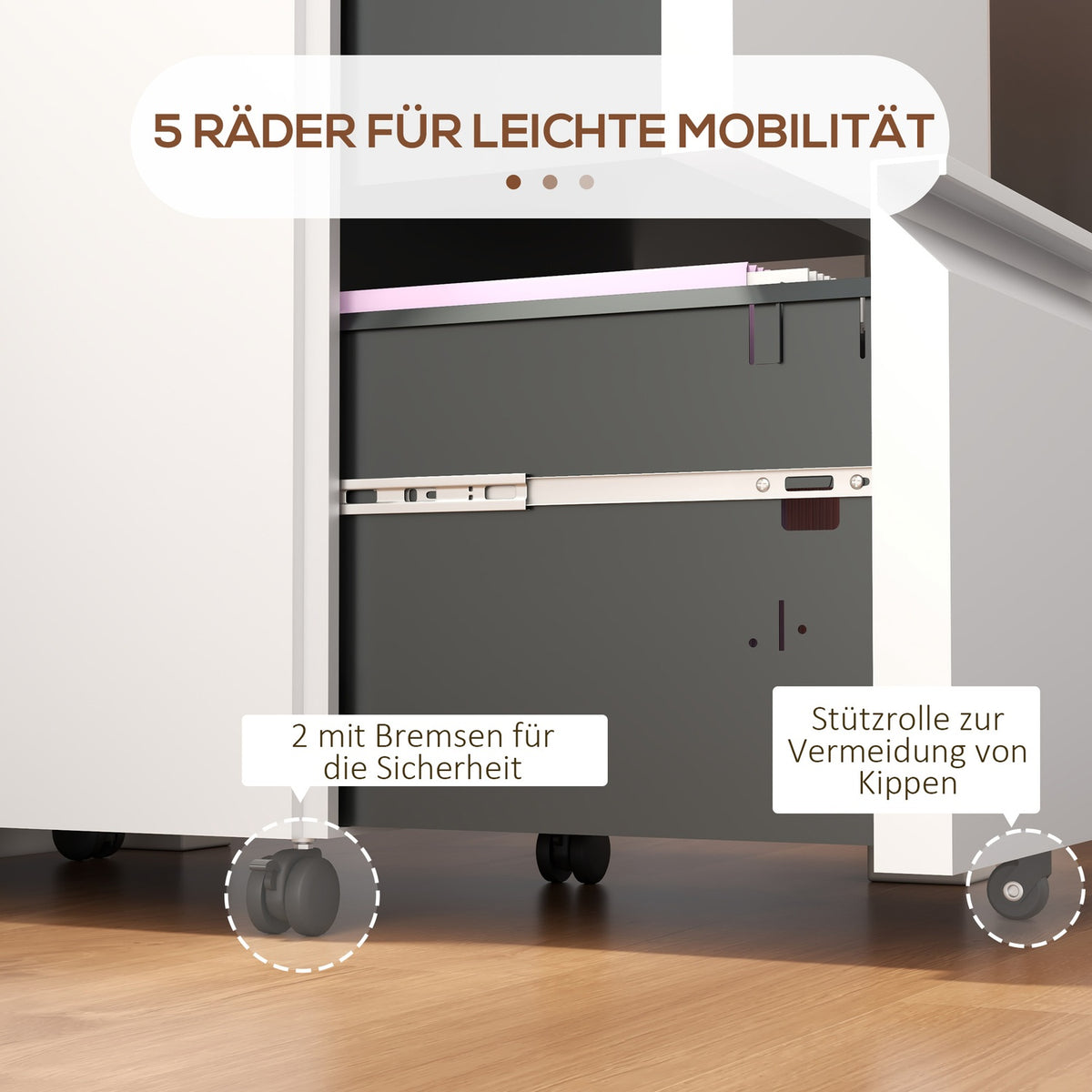 Rolling Container Filing Cabinet 2 Drawers Office Container Lockable Standing Container Office Cabinet A4 Format Steel White 37X43.5X67.5Cm