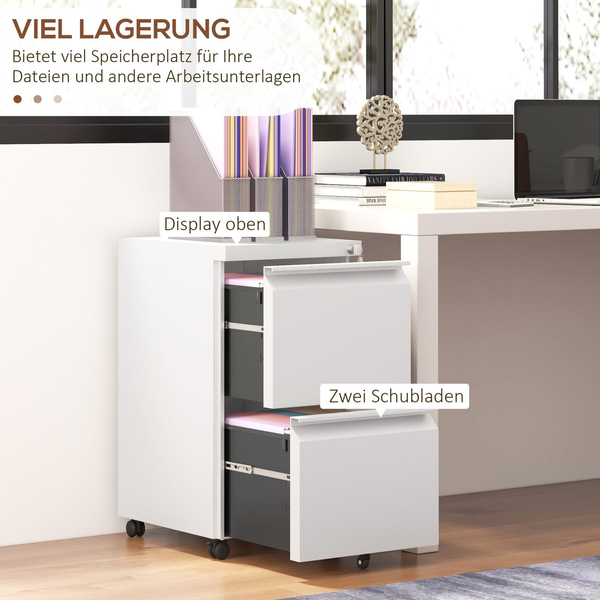 Rolling Container Filing Cabinet 2 Drawers Office Container Lockable Standing Container Office Cabinet A4 Format Steel White 37X43.5X67.5Cm