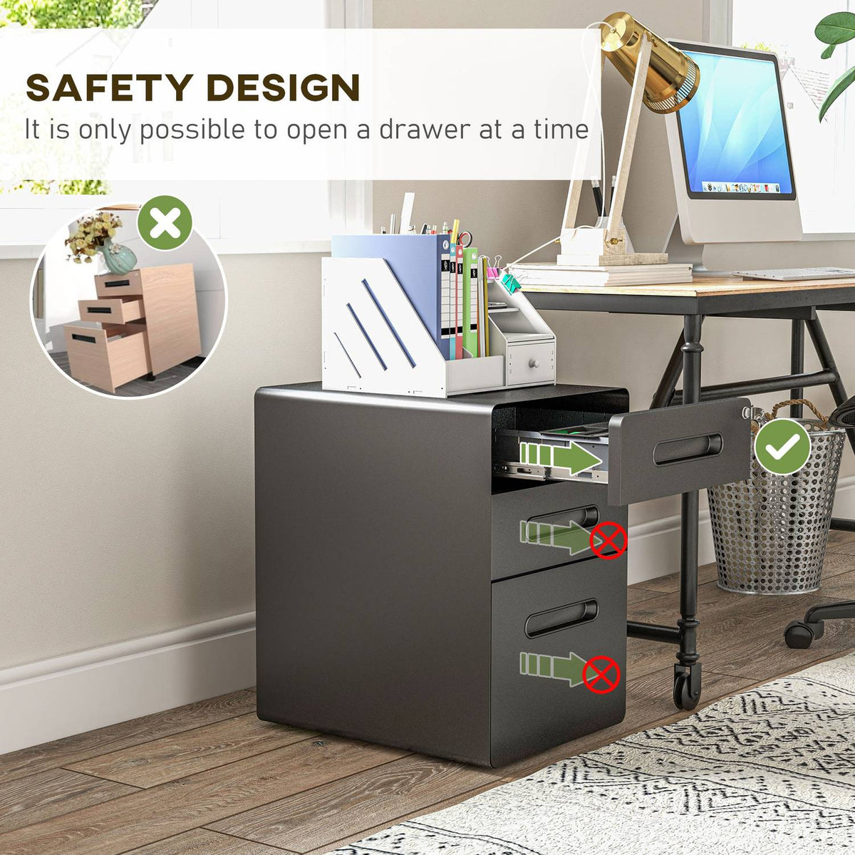 Rolling Container Filing Cabinet Office Container With 3 Drawers, Steel, Black, 39X48X59Cm