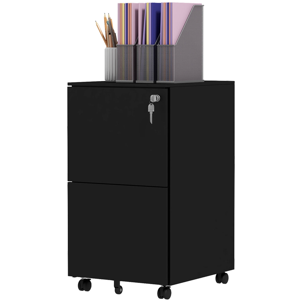 Rolling Container Filing Cabinet With 2 Drawers, Lockable, On Wheels, Steel, Black, 37X43.5X67.5Cm