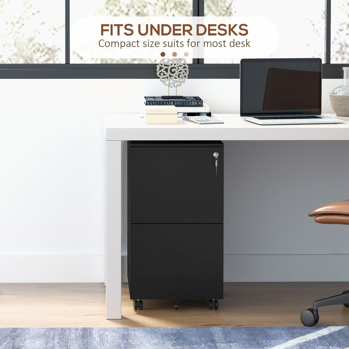 Rolling Container Filing Cabinet With 2 Drawers, Lockable, On Wheels, Steel, Black, 37X43.5X67.5Cm