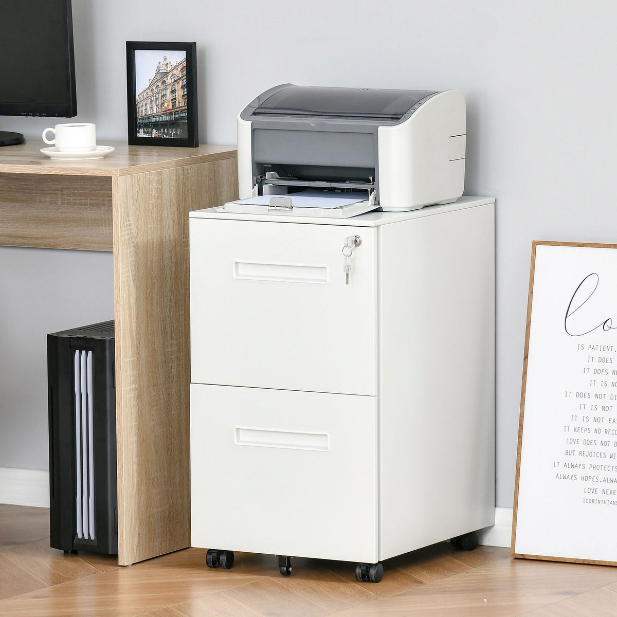 Rolling Container Filing Cabinet With 2 Drawers, Lockable, Wheels, A4, Steel