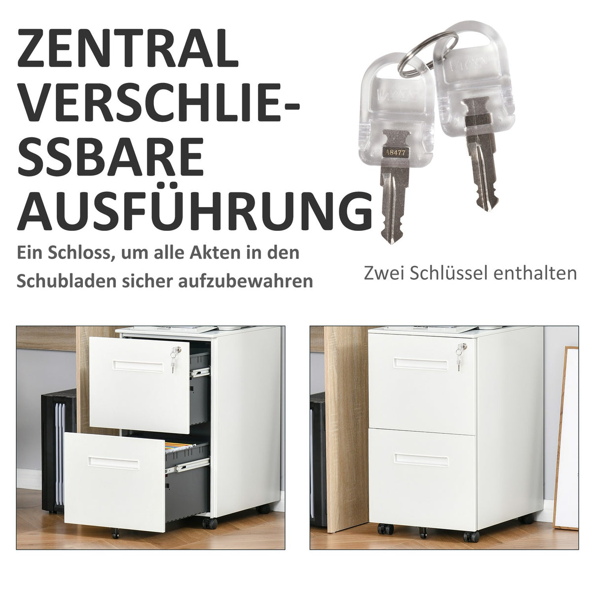Rolling Container Filing Cabinet With 2 Drawers, Lockable, Wheels, A4, Steel