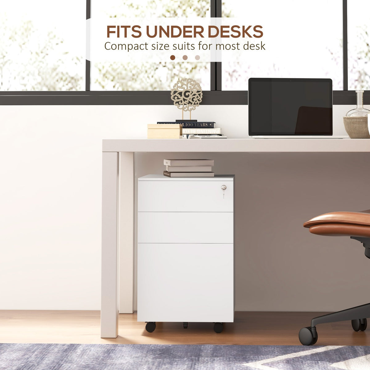 Rolling Container Filing Cabinet With 3 Drawers & Lock, For A4, Steel, 37X43.5X60Cm