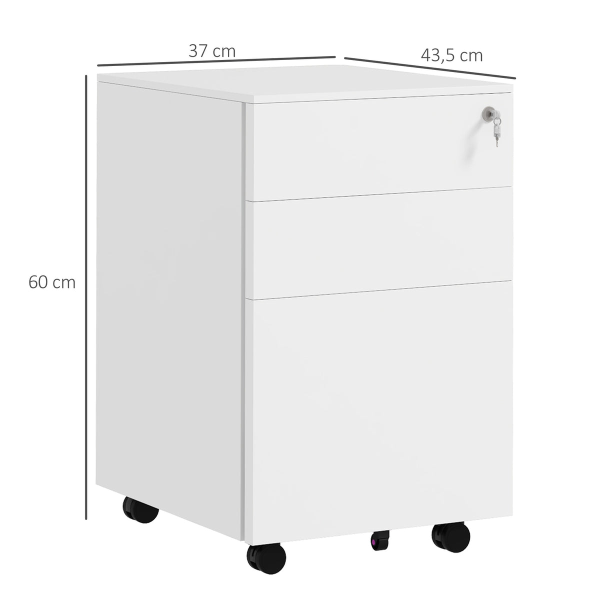 Rolling Container Filing Cabinet With 3 Drawers & Lock, For A4, Steel, 37X43.5X60Cm