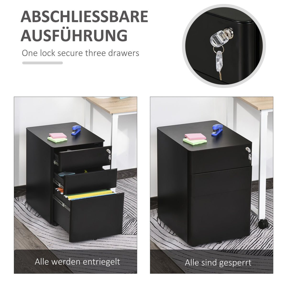 Rolling Container Mobile Filing Cabinet With 3 Drawers, Office Cabinet, Steel, Black, 39X48X59Cm