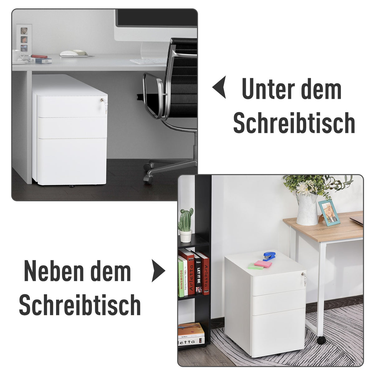 Rolling Container Mobile Filing Cabinet With 3 Drawers, Office Cabinet, Steel, White, 39X48X59Cm
