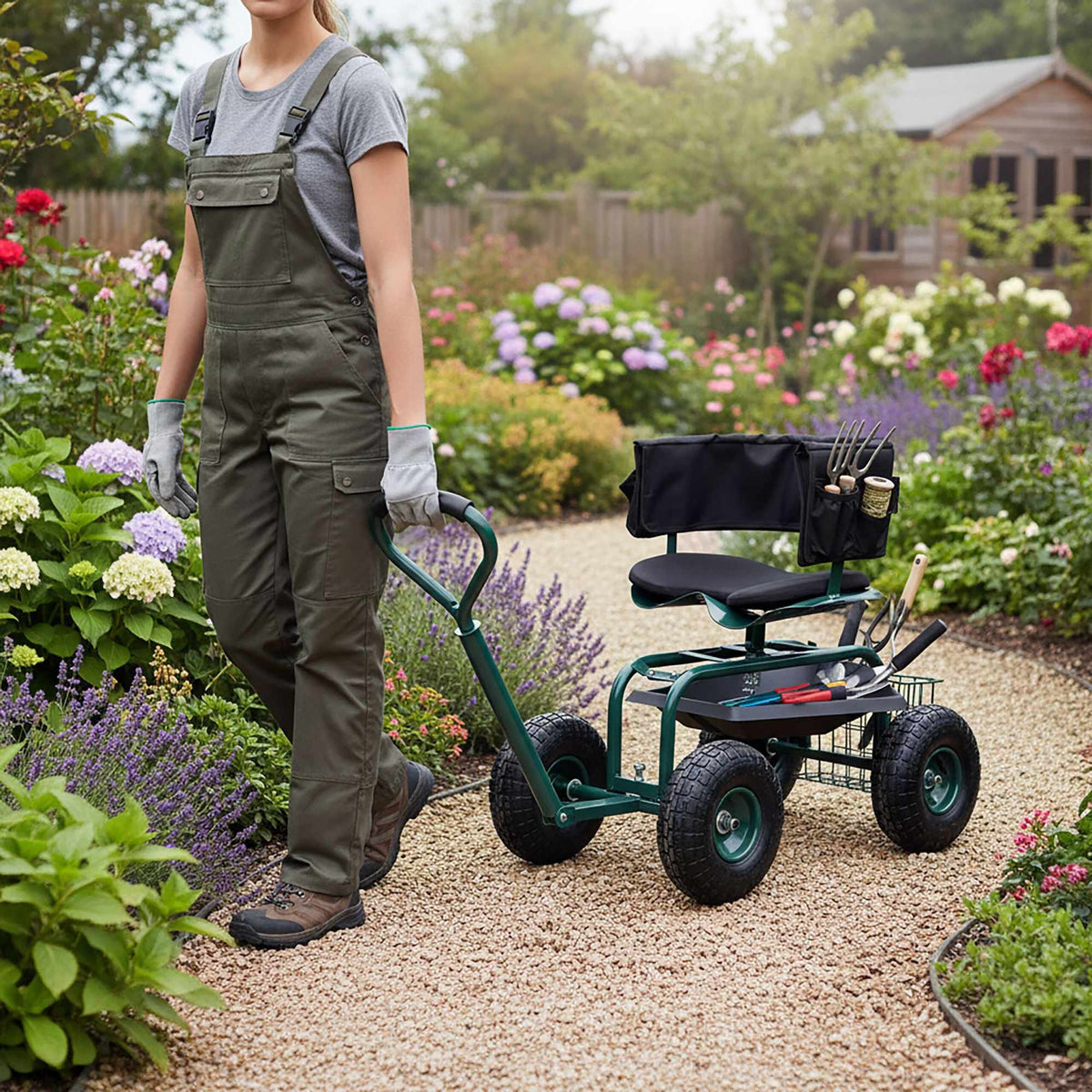 Rolling Garden Seat with Adjustable Height and Storage