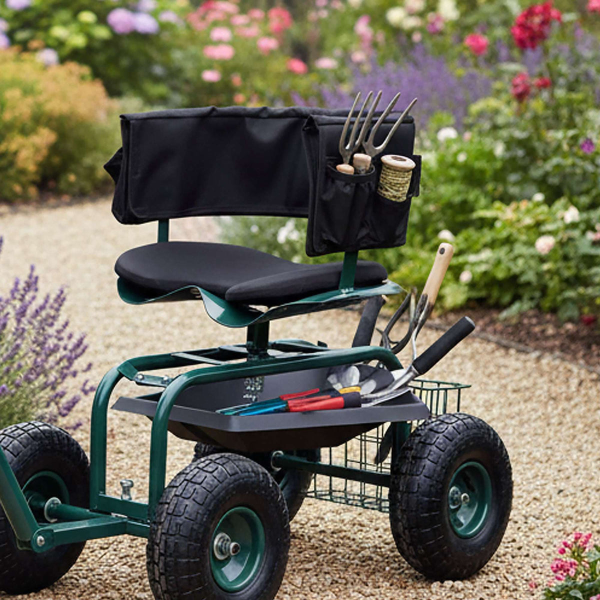 Rolling Garden Seat with Storage and Adjustable Height