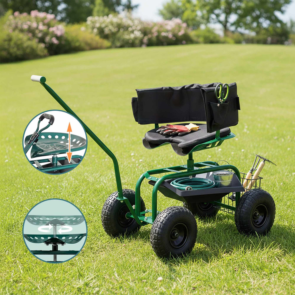 Rolling Garden Seat with Storage and Adjustable Height