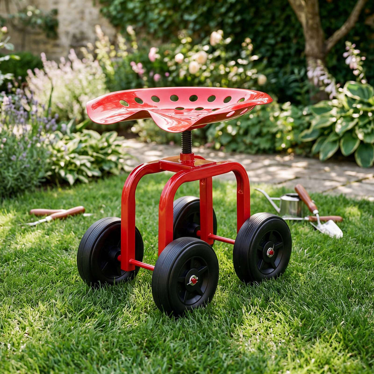 Rolling Garden Seat with Swivel & Adjustable Height, Red