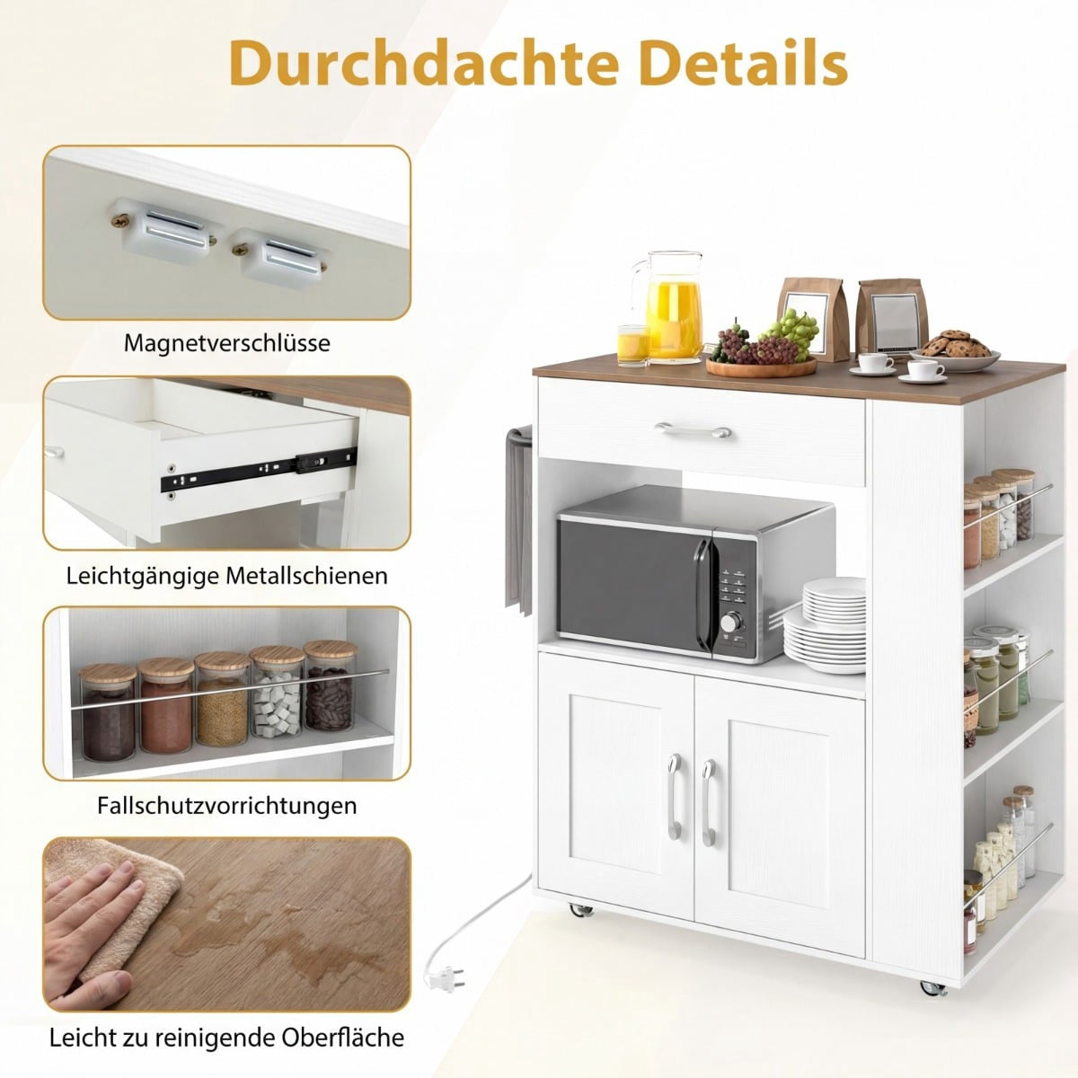 Rolling Kitchen Cart with Charging Station & Shelves