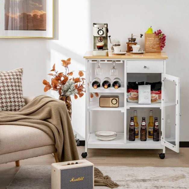 Rolling Kitchen Trolley With Wine Rack, Drawer, Cabinet
