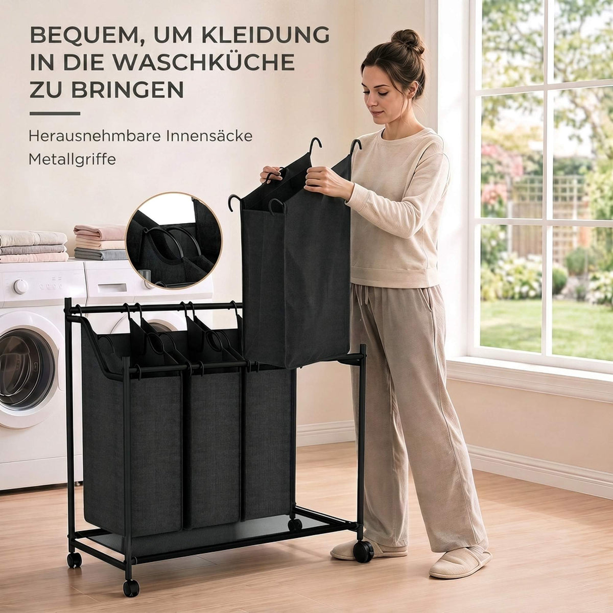Rolling Laundry Sorter with 4 Removable Bags, Black, 108L