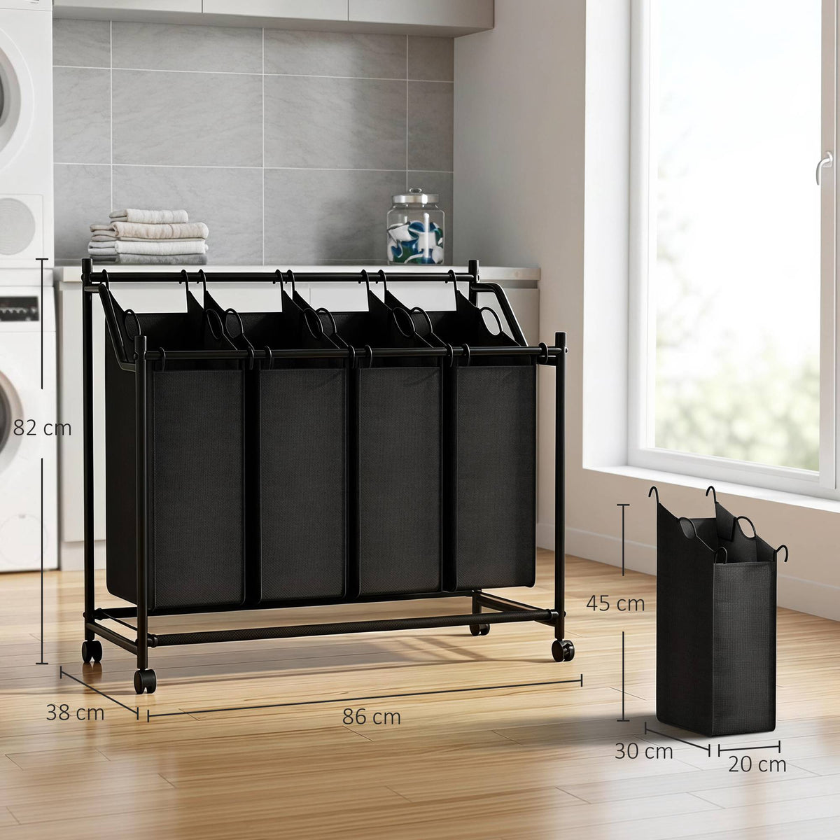 Rolling Laundry Sorter with 4 Removable Bags, Black, 108L