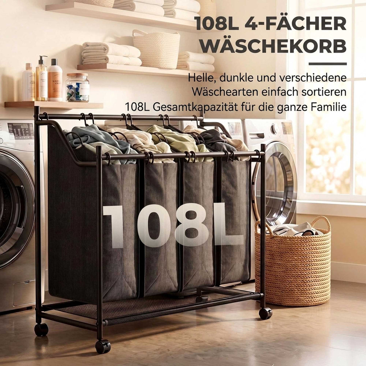 Rolling Laundry Sorter with 4 Removable Bags, Black, 108L