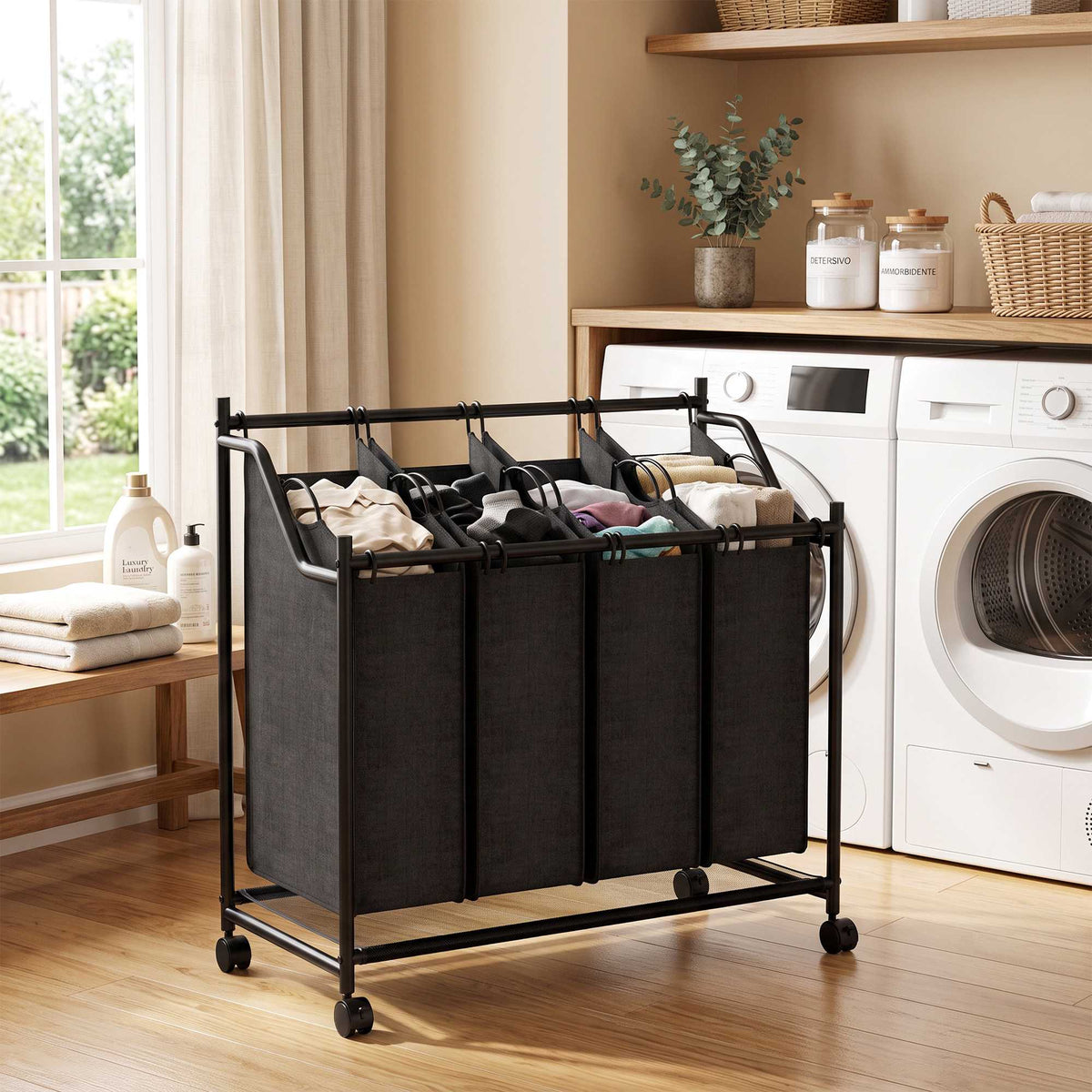 Rolling Laundry Sorter with 4 Removable Bags, Black, 108L
