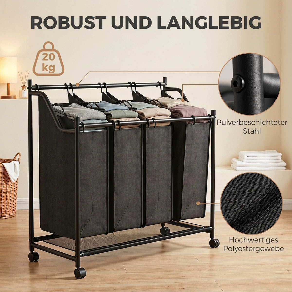Rolling Laundry Sorter with 4 Removable Bags, Black, 108L