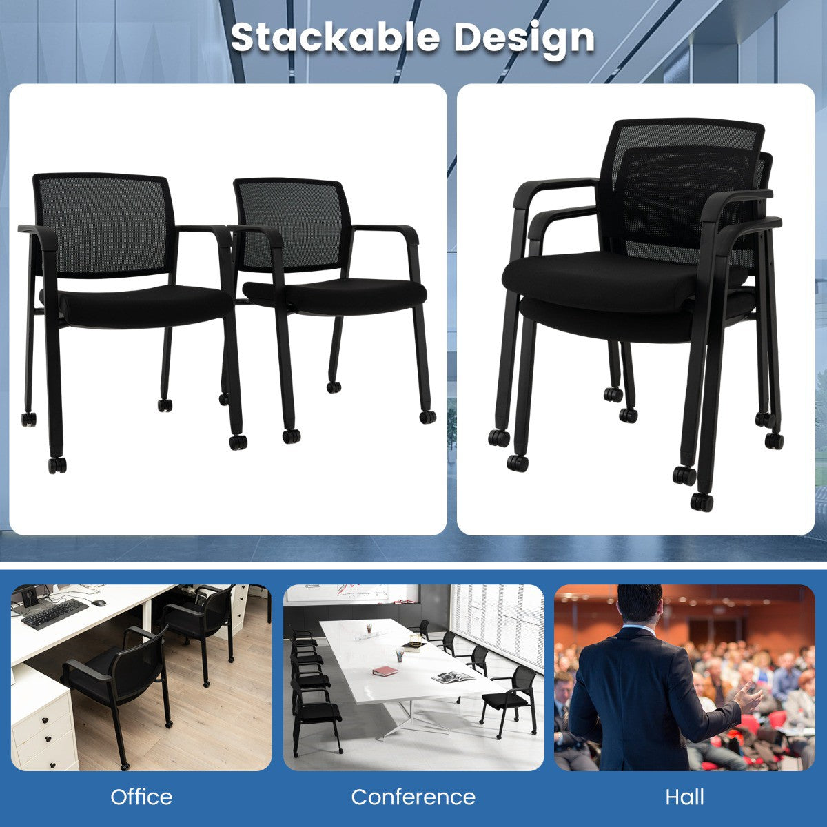 Rolling Office Chairs, Mesh Back, Stackable, Set of 2