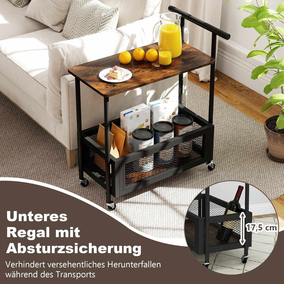 Rolling Side Table with Handle, 2-Tier Storage, Black