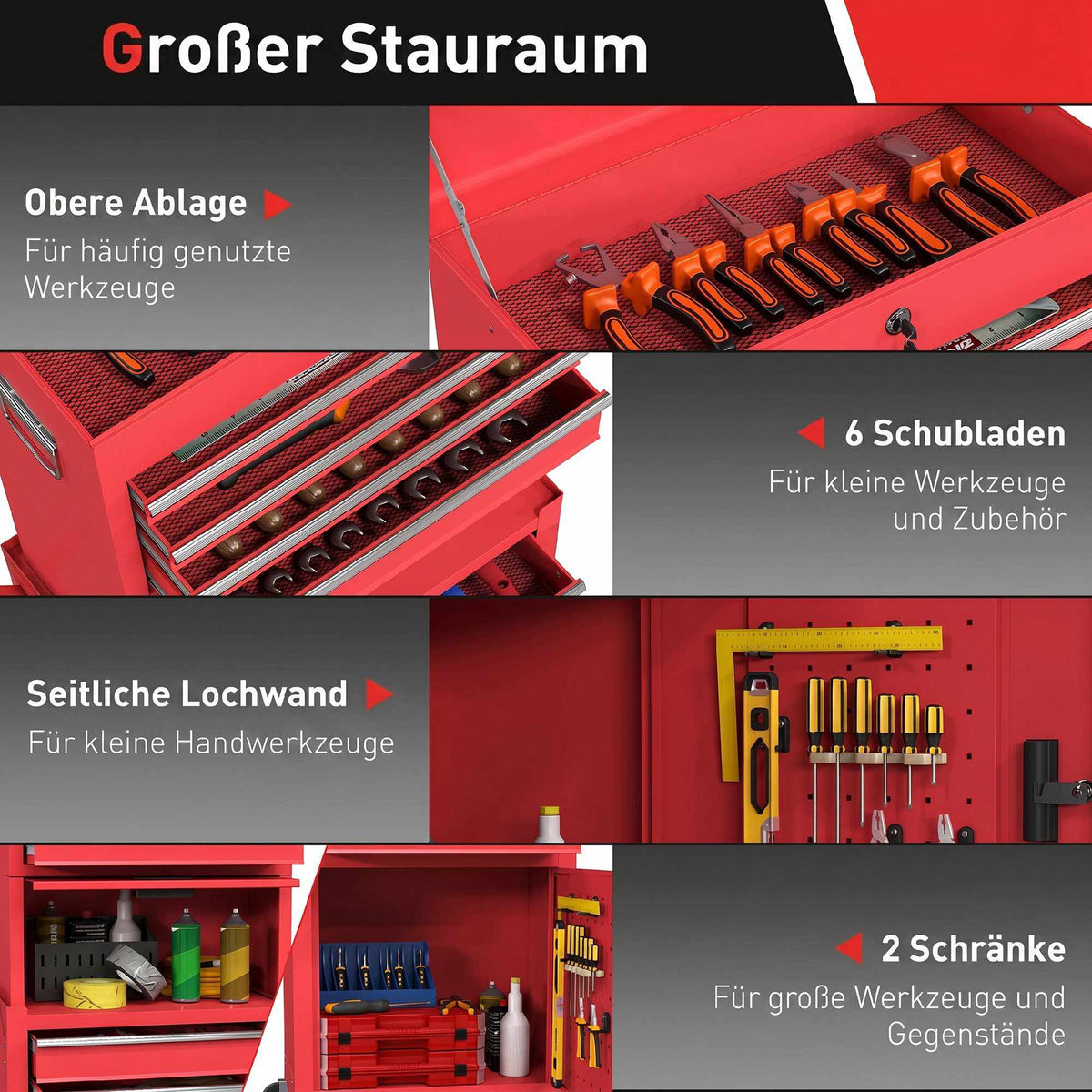 Rolling Steel Tool Cabinet, Lockable, 6 Drawers, 2 Cabinets, Red