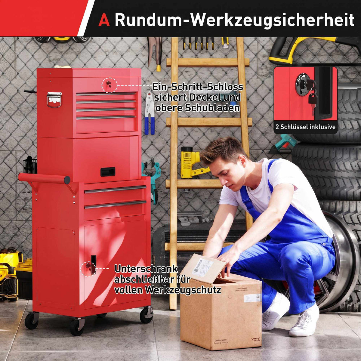 Rolling Steel Tool Cabinet, Lockable, 6 Drawers, 2 Cabinets, Red