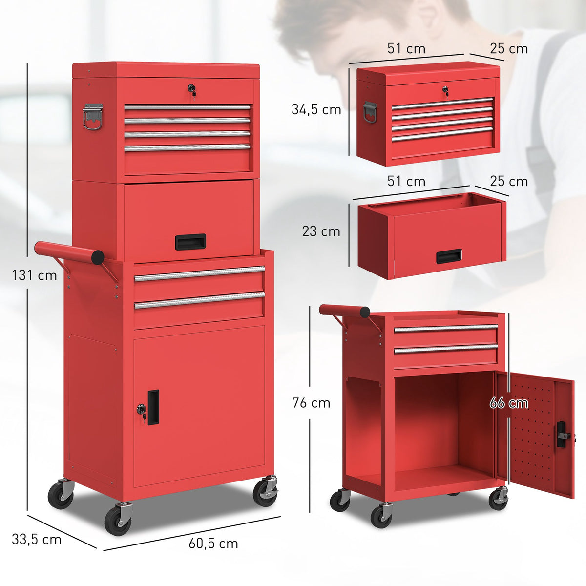 Rolling Steel Tool Cabinet, Lockable, 6 Drawers, 2 Cabinets, Red