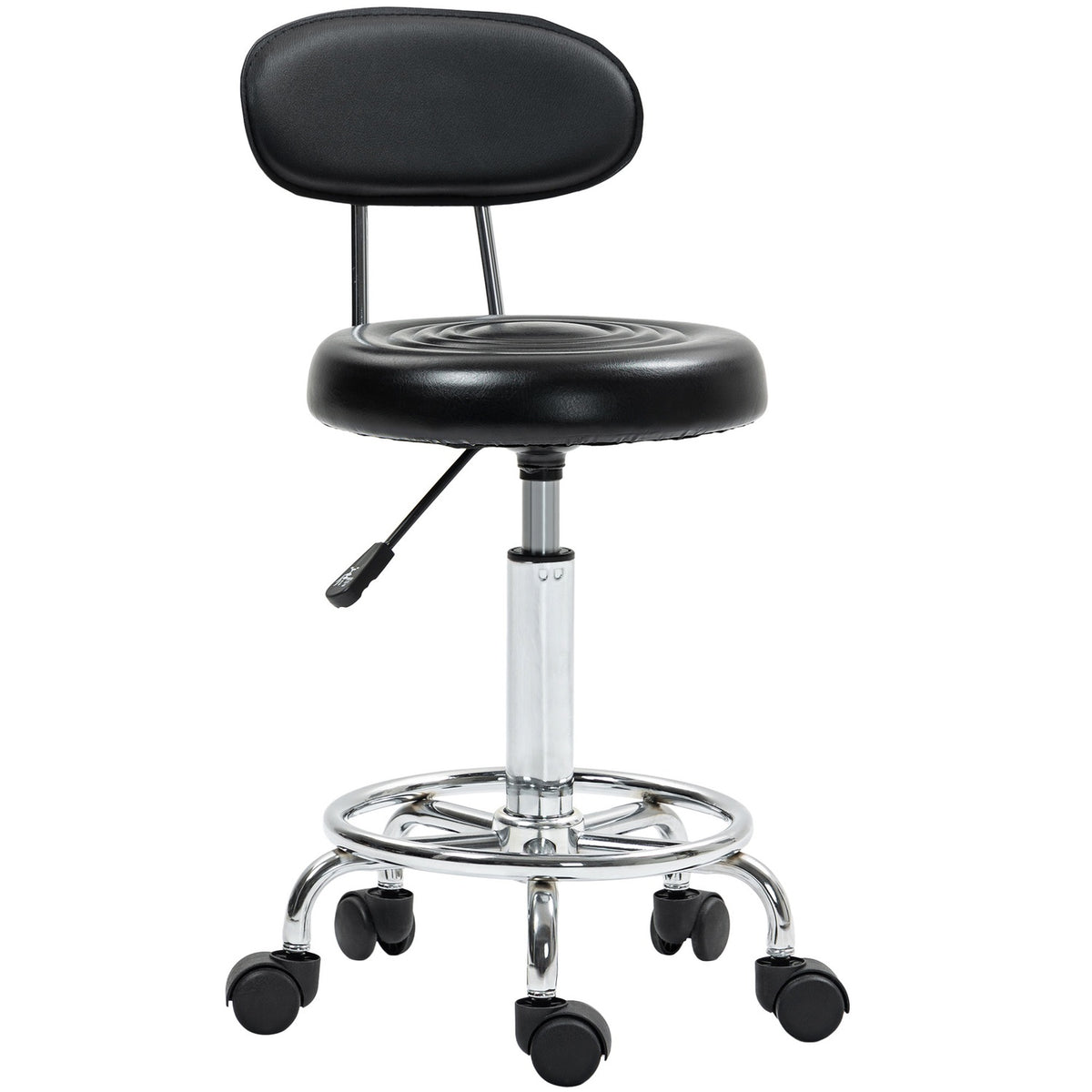 Rolling Stool Height-Adjustable Swivel Salon Stool with Backrest, Wheels, Work Stool with Adjustable Footrest for Office, Faux Leather, 32 x 40 x 70-86 cm, Black