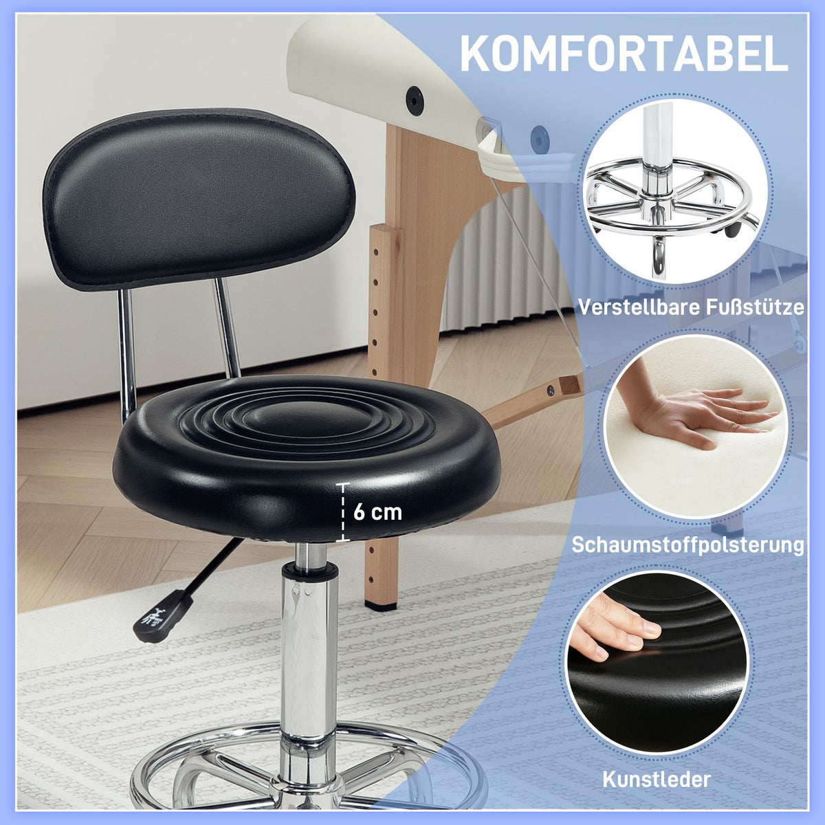 Rolling Stool Height-Adjustable Swivel Salon Stool with Backrest, Wheels, Work Stool with Adjustable Footrest for Office, Faux Leather, 32 x 40 x 70-86 cm, Black