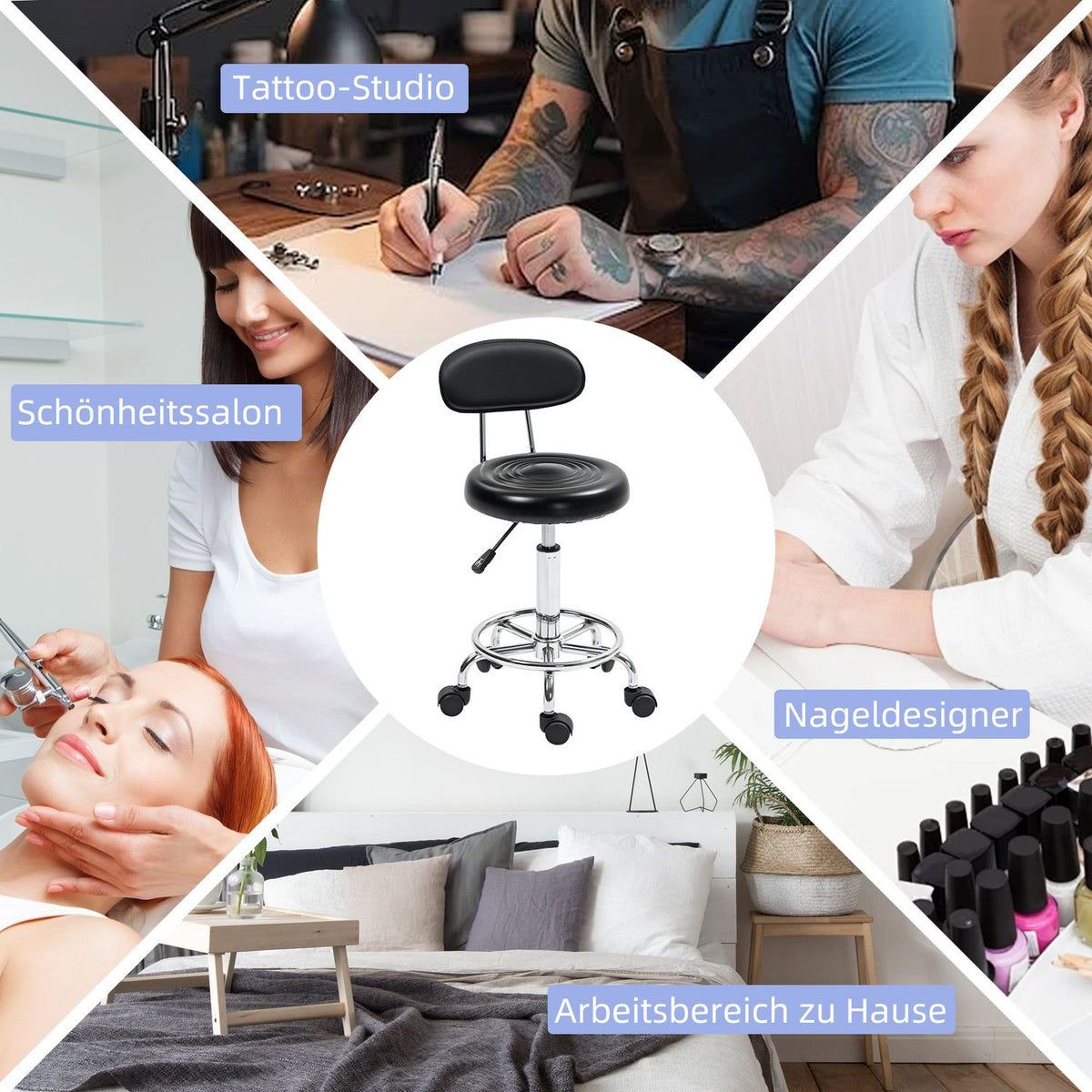 Rolling Stool Height-Adjustable Swivel Salon Stool with Backrest, Wheels, Work Stool with Adjustable Footrest for Office, Faux Leather, 32 x 40 x 70-86 cm, Black