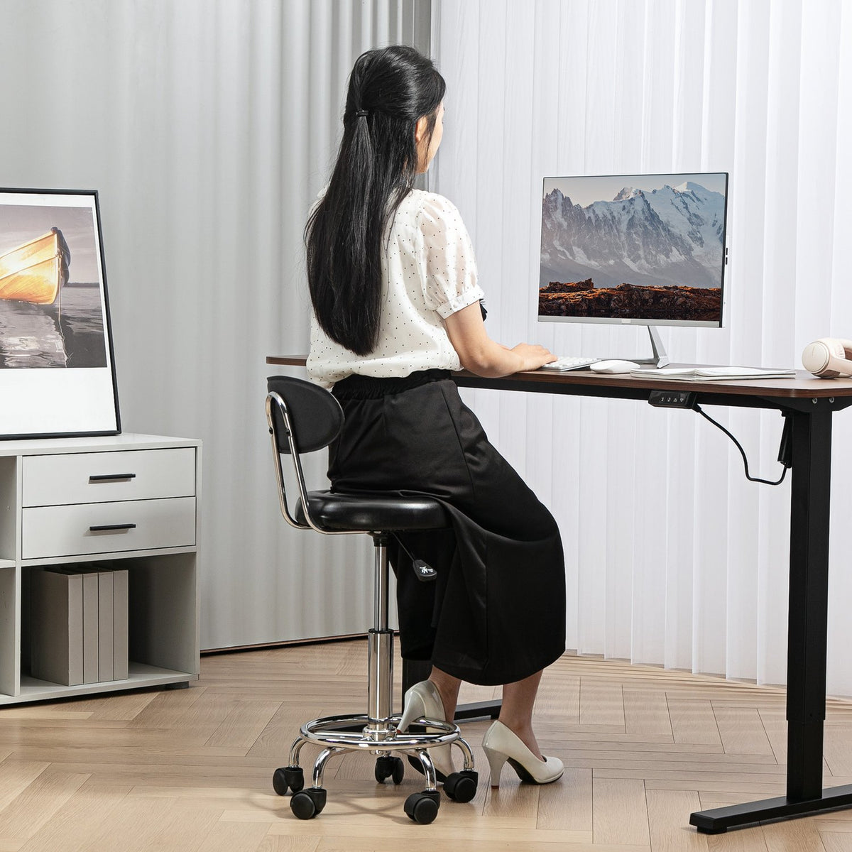 Rolling Stool Height-Adjustable Swivel Salon Stool with Backrest, Wheels, Work Stool with Adjustable Footrest for Office, Faux Leather, 32 x 40 x 70-86 cm, Black