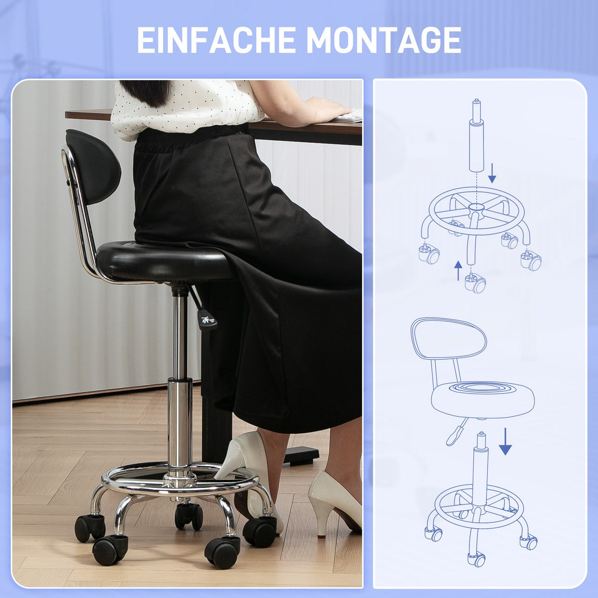 Rolling Stool Height-Adjustable Swivel Salon Stool with Backrest, Wheels, Work Stool with Adjustable Footrest for Office, Faux Leather, 32 x 40 x 70-86 cm, Black