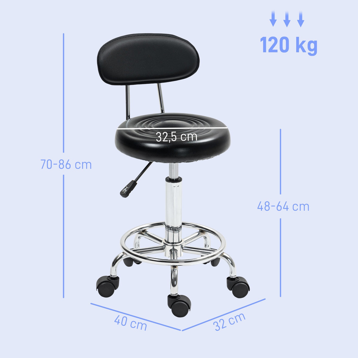 Rolling Stool Height-Adjustable Swivel Salon Stool with Backrest, Wheels, Work Stool with Adjustable Footrest for Office, Faux Leather, 32 x 40 x 70-86 cm, Black
