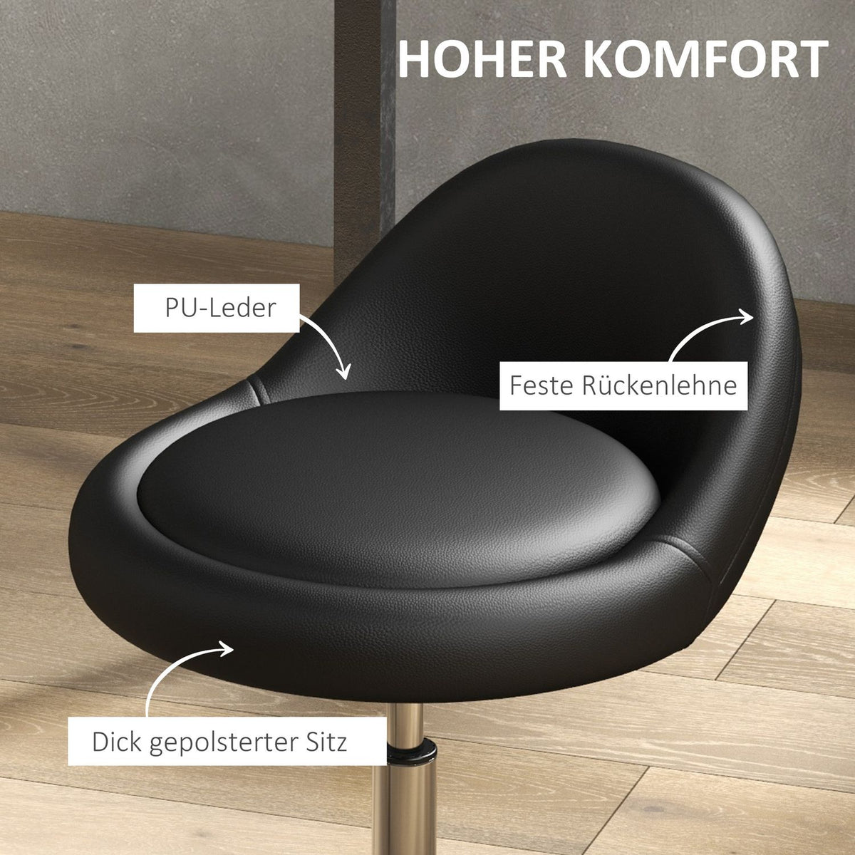 Rolling Stool Height-Adjustable Work Stool 63-83 Cm Swivel Stool With Wheels Swivel Salon Chair Salon Stool Faux Leather Black