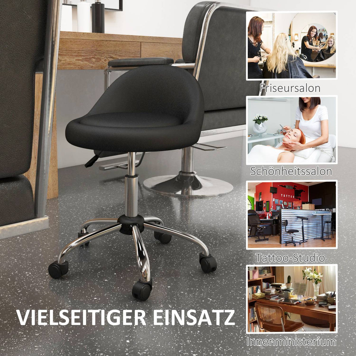 Rolling Stool Height-Adjustable Work Stool 63-83 Cm Swivel Stool With Wheels Swivel Salon Chair Salon Stool Faux Leather Black