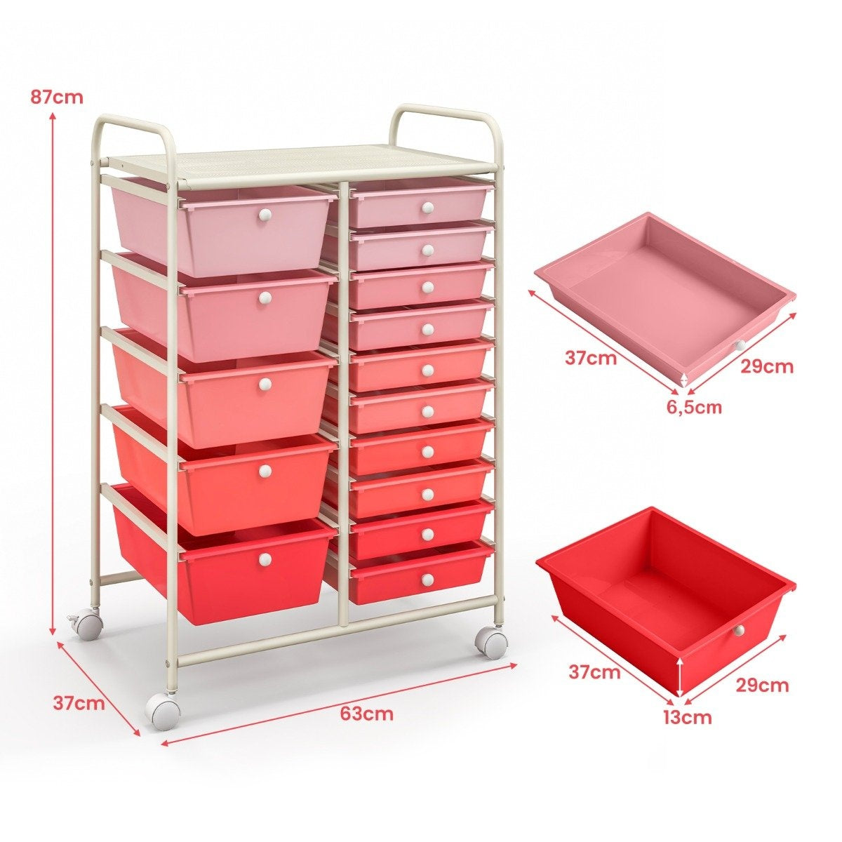 Rolling Storage Cart with 15 Drawers, Pink, 63x37x87 cm