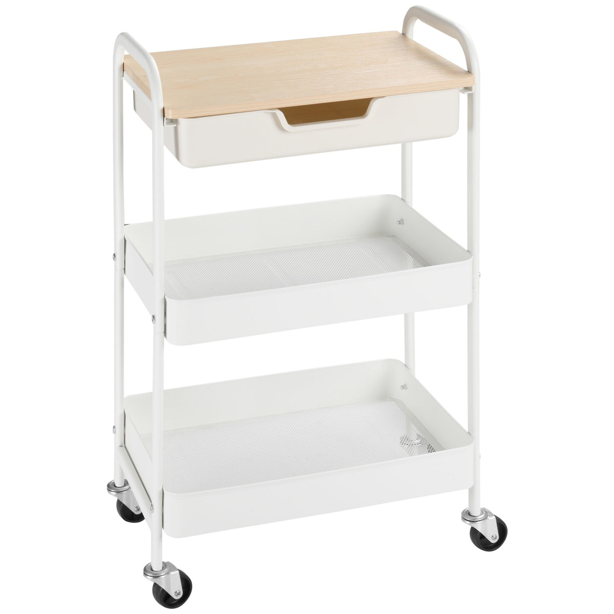 Rolling Storage Cart with Shelves and Drawer, White Steel