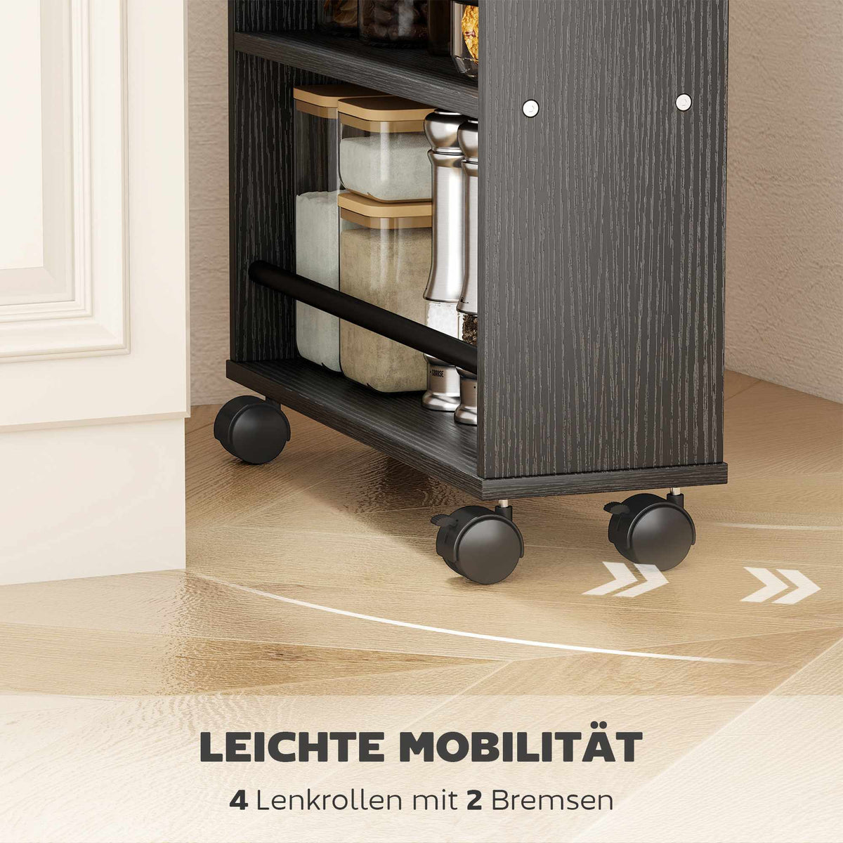 Rolling Storage Shelf, Narrow Design, 4 Tiers, 45x15x91 cm, Black