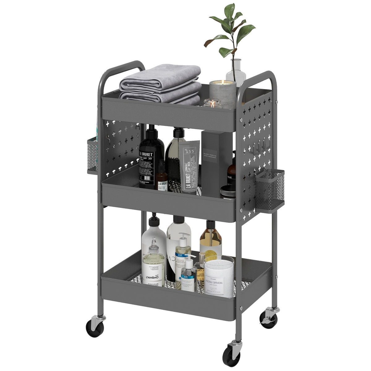 Rolling Trolley, 3 Tier Serving Trolley, 2 Hanging Baskets, Storage Trolley With Handle, Kitchen Trolley, Side Trolley, Steel, Dark Grey