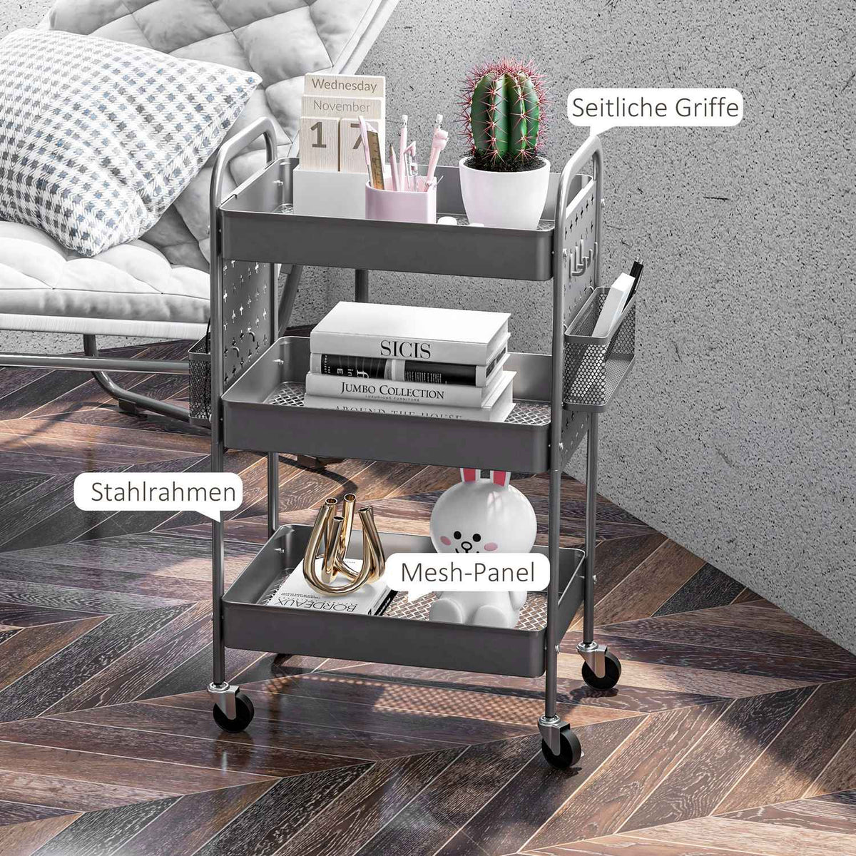 Rolling Trolley, 3 Tier Serving Trolley, 2 Hanging Baskets, Storage Trolley With Handle, Kitchen Trolley, Side Trolley, Steel, Dark Grey