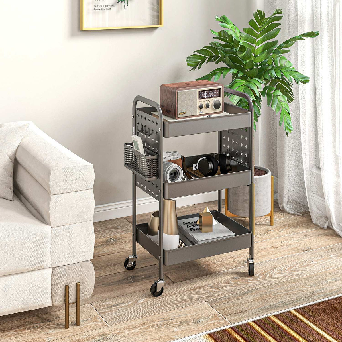 Rolling Trolley, 3 Tier Serving Trolley, 2 Hanging Baskets, Storage Trolley With Handle, Kitchen Trolley, Side Trolley, Steel, Dark Grey